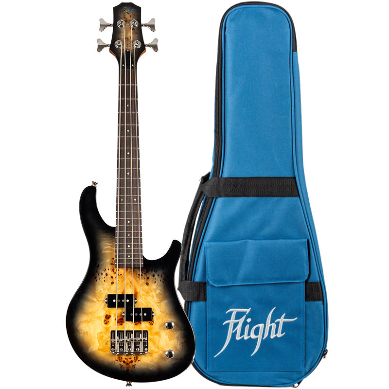 Flight Electric Mini Bass PBR Ukulele w/Case - Poplar Burl Top