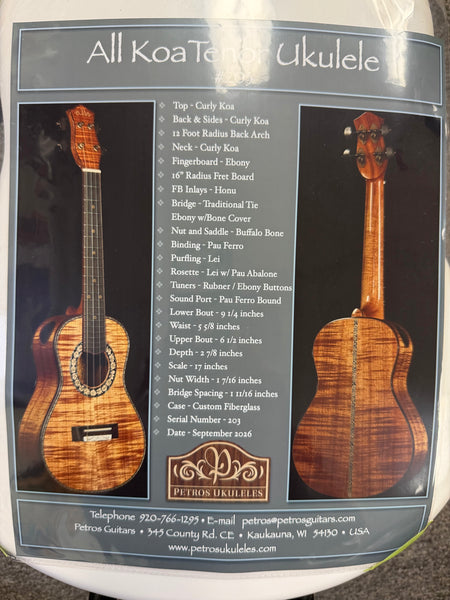 Petros Custom Solid Curly Koa Tenor Ukulele w/Case #203