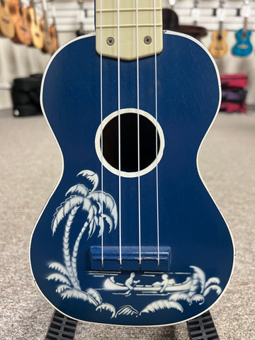Vintage Harmony Soprano Ukulele w/Case - Rare Blue Color - Canoe/Palm Tree Graphic - Aloha City Ukes