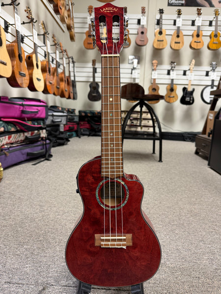 LANIKAI QM-RDCEC Quilted Maple Electric Concert Ukulele w/Case- Pre Loved - Transparent Red