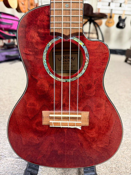 LANIKAI QM-RDCEC Quilted Maple Electric Concert Ukulele w/Case- Pre Loved - Transparent Red