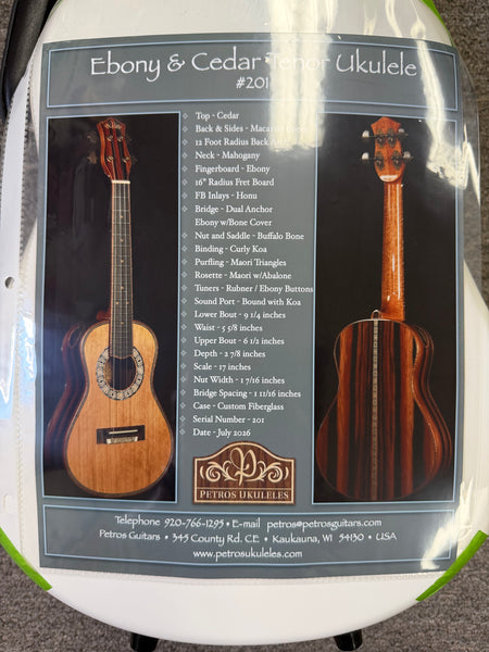 Petros Custom Solid Cedar/Ebony Tenor Ukulele w/Case #201