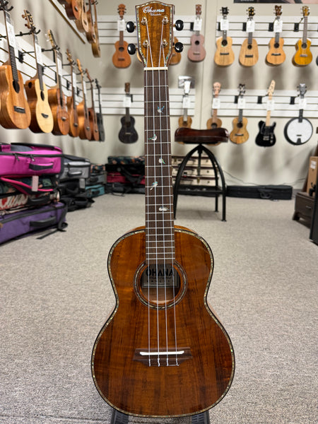 OHANA TK-570G Solid Koa Tenor Ukulele w/Case - Abalone Bird Inlays