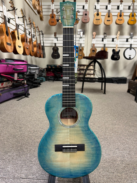 KALA KA-WF-BLU-AFM-T Solid Blue Flame Maple Tenor Ukulele w/Case - Waterfall Series