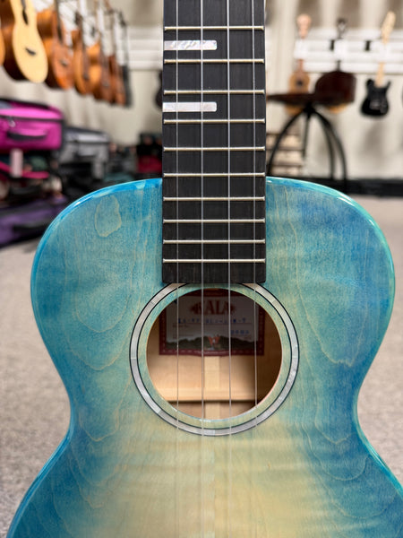 KALA KA-WF-BLU-AFM-T Solid Blue Flame Maple Tenor Ukulele w/Case - Waterfall Series