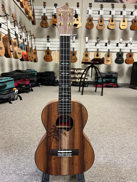 AMAHI C-49 Solid Koa Tenor Ukulele w/Case - Palm Tree Design