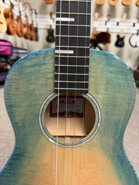 KALA KA-WF-BLU-AFM-B Solid Blue Flame Maple Baritone Ukulele w/Case - Waterfall Series