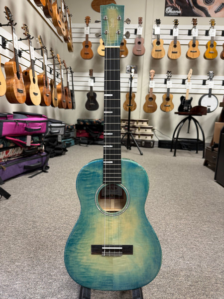 KALA KA-WF-BLU-AFM-B Solid Blue Flame Maple Baritone Ukulele w/Case - Waterfall Series