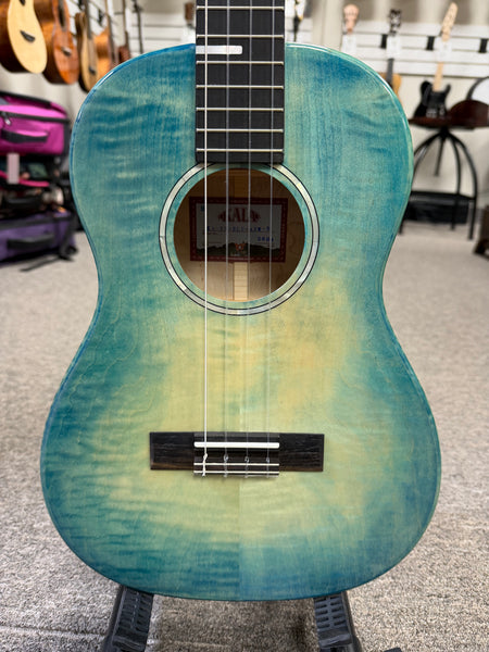 KALA KA-WF-BLU-AFM-B Solid Blue Flame Maple Baritone Ukulele w/Case - Waterfall Series