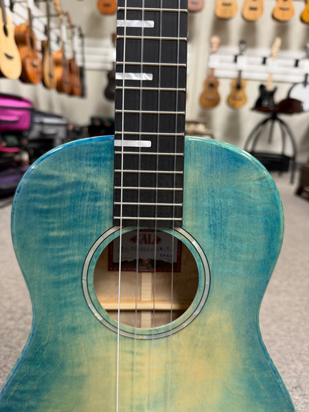 KALA KA-WF-BLU-AFM-B Solid Blue Flame Maple Baritone Ukulele w/Case - Waterfall Series