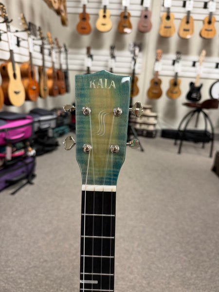 KALA KA-WF-BLU-AFM-B Solid Blue Flame Maple Baritone Ukulele w/Case - Waterfall Series