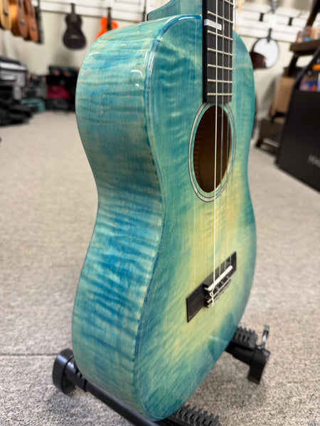 KALA KA-WF-BLU-AFM-B Solid Blue Flame Maple Baritone Ukulele w/Case - Waterfall Series