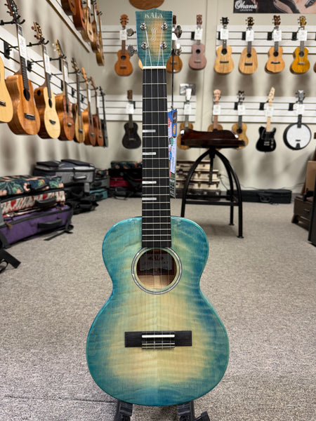 KALA KA-WF-BLU-AFM-T Solid Blue Flame Maple Tenor Ukulele w/Case - Waterfall Series