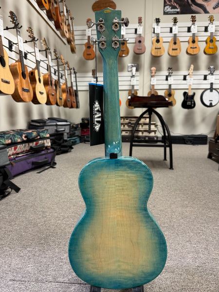 KALA KA-WF-BLU-AFM-T Solid Blue Flame Maple Tenor Ukulele w/Case - Waterfall Series