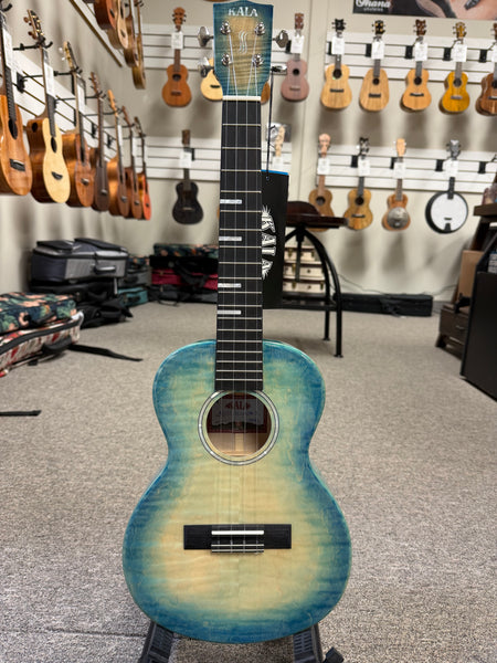 KALA KA-WF-BLU-AFM-T Solid Blue Flame Maple Tenor Ukulele w/Case - Waterfall Series