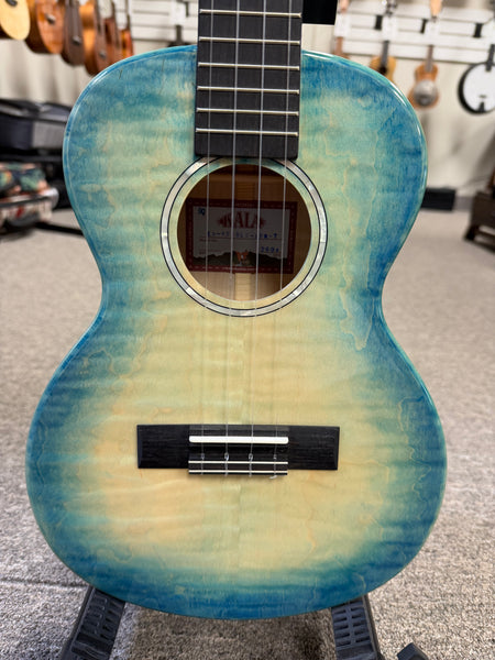 KALA KA-WF-BLU-AFM-T Solid Blue Flame Maple Tenor Ukulele w/Case - Waterfall Series