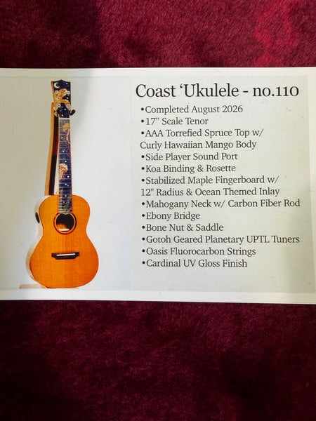 Coast Ukulele Custom Solid AAA Torrefied Spruce/Mango Tenor Ukulele w/Case #110
