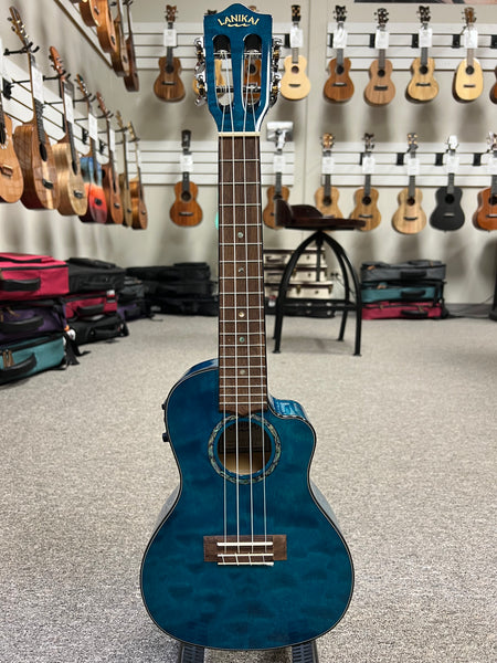 LANIKAI QM-BLCEC Quilted Maple Electric Concert Ukulele w/Case- Transparent Blue