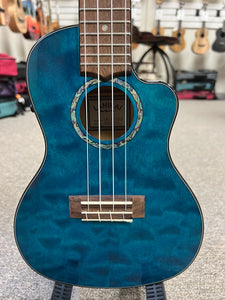 LANIKAI QM-BLCEC Quilted Maple Electric Concert Ukulele w/Case- Transparent Blue