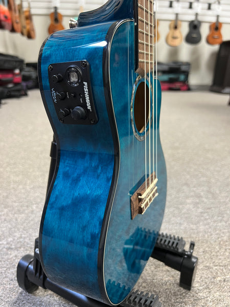 LANIKAI QM-BLCEC Quilted Maple Electric Concert Ukulele w/Case- Transparent Blue