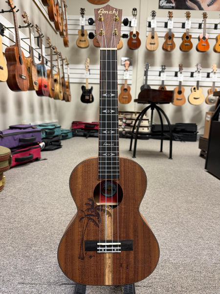 AMAHI C-49 Solid Koa Tenor Ukulele w/Case - Palm Tree Design