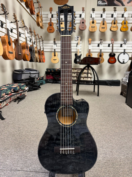 LANIKAI QM-BKCEG Quilted Maple Electric Guitalele w/Case - Transparent Black Guitarlele