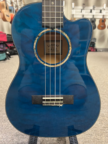 LANIKAI QM-BLCEB Quilted Maple Electric Baritone Ukulele w/Case - Transparent Blue