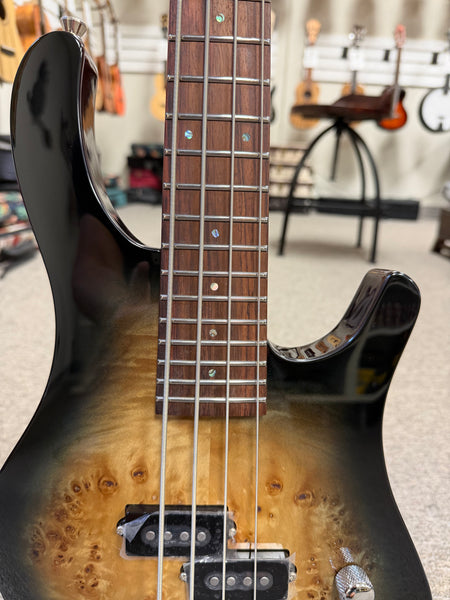 Flight Electric Mini Bass PBR Ukulele w/Case - Poplar Burl Top