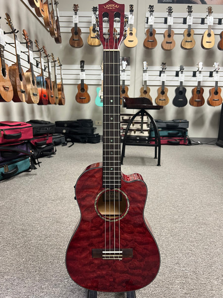 LANIKAI QM-RDCEB Quilted Maple Electric Baritone Ukulele w/Case - Transparent Red