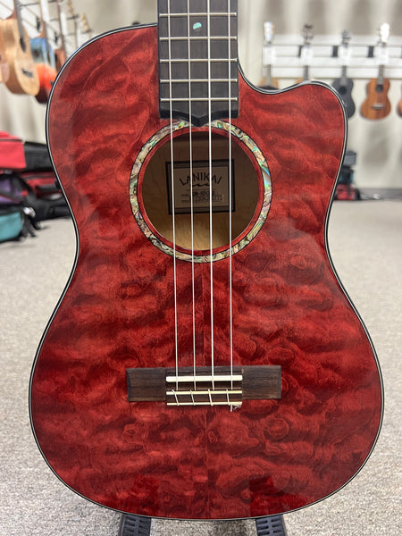 LANIKAI QM-RDCEB Quilted Maple Electric Baritone Ukulele w/Case - Transparent Red