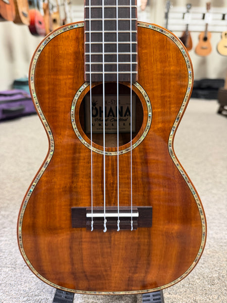 OHANA CK-570G Solid Koa Concert Ukulele w/Case - Abalone Bird Inlays