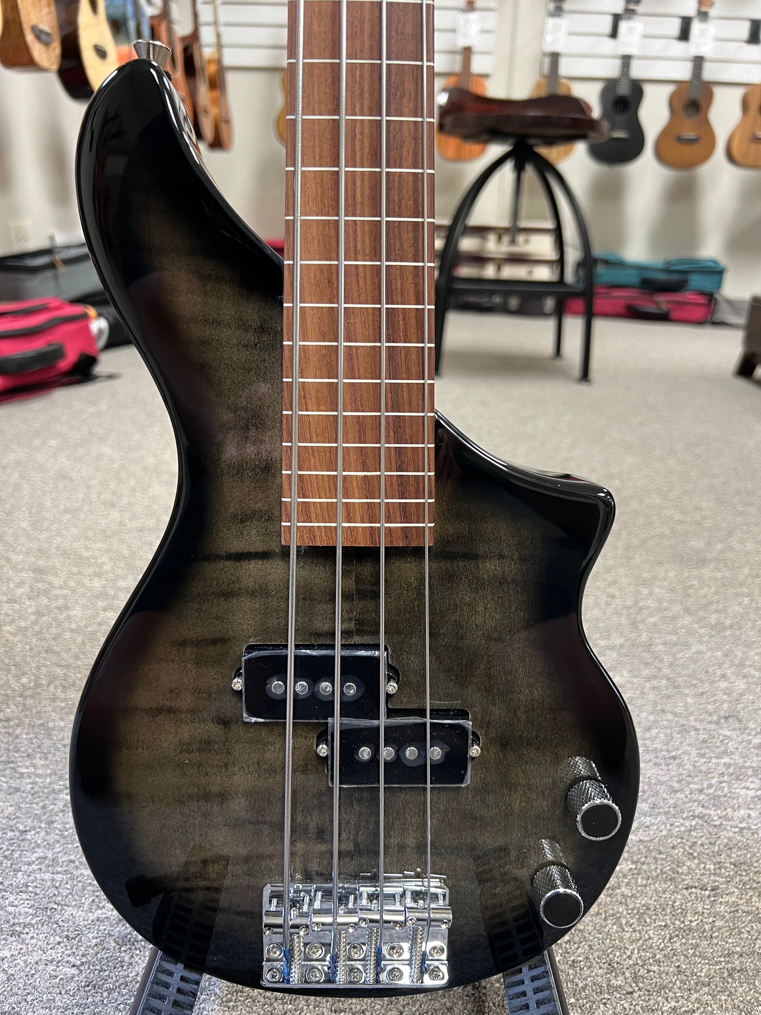Tiny Boy Black Flamed Maple Fretless 4 String Solid Body Bass w/Case - TBP-3450-BFM Short Scale Bass