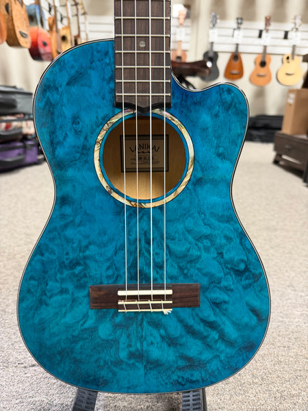LANIKAI QM-BLCEB Quilted Maple Electric Baritone Ukulele w/Case - Transparent Blue