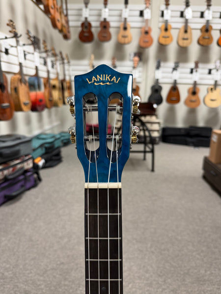 LANIKAI QM-BLCEB Quilted Maple Electric Baritone Ukulele w/Case - Transparent Blue