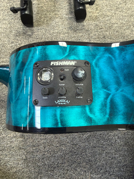 LANIKAI QM-BLCEB Quilted Maple Electric Baritone Ukulele w/Case - Transparent Blue