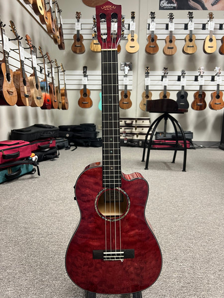 LANIKAI QM-RDCEB Quilted Maple Electric Baritone Ukulele w/Case - Transparent Red