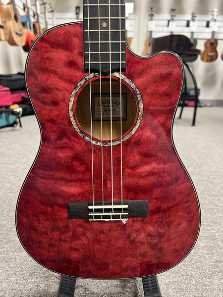 LANIKAI QM-RDCEB Quilted Maple Electric Baritone Ukulele w/Case - Transparent Red