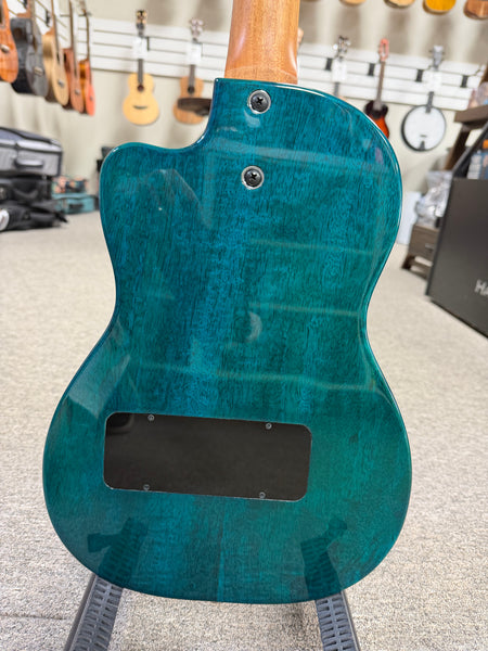 Pono BE-MBD Mango Deluxe Blue Baritone Electric Solid Body Ukulele w/Case