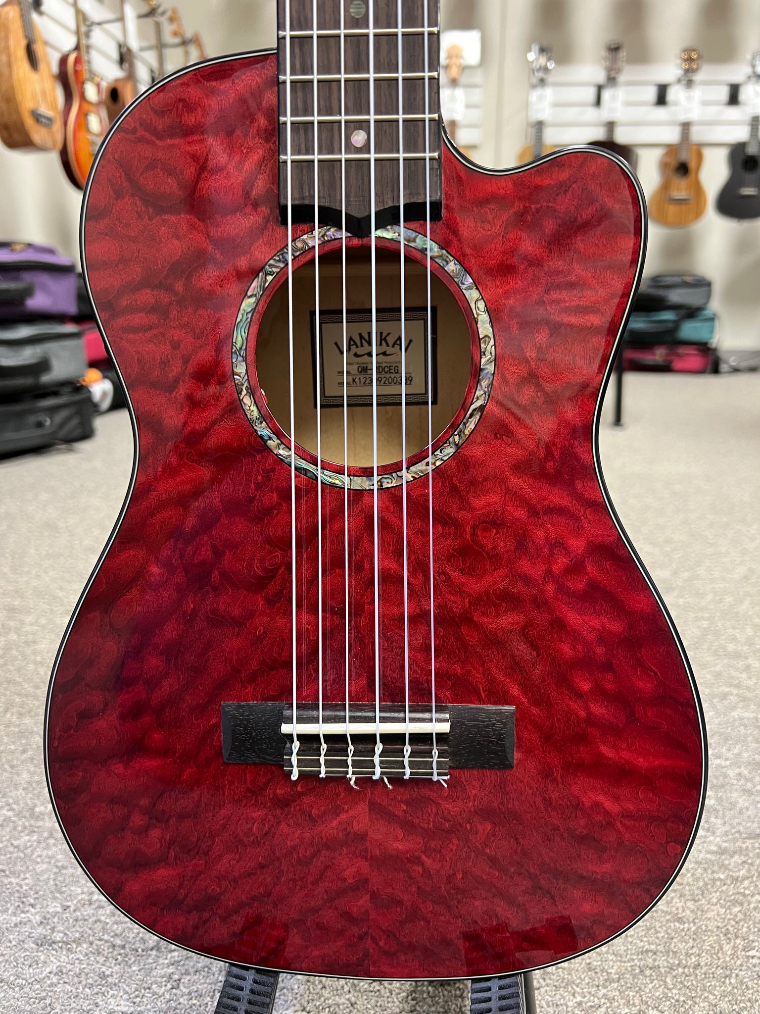 LANIKAI QM-RDCEG Quilted Maple Electric Guitalele w/Case - Transparent Red Guitarlele - Aloha City Ukes