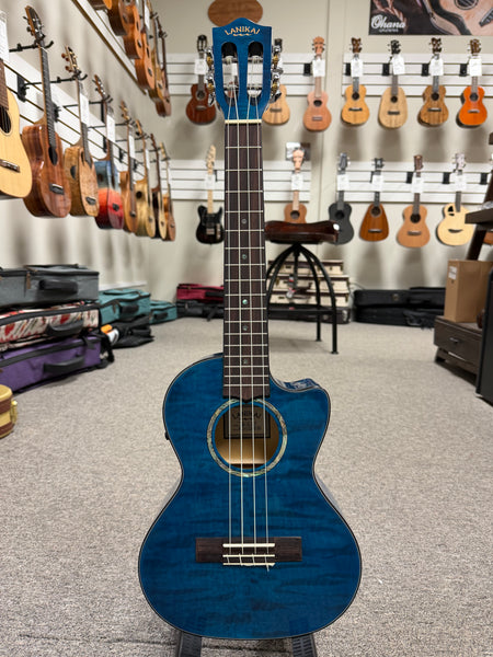 LANIKAI QM-BLCET Quilted Maple Electric Tenor Ukulele w/Case - Transparent Blue