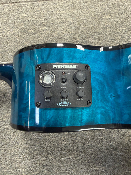 LANIKAI QM-BLCET Quilted Maple Electric Tenor Ukulele w/Case - Transparent Blue