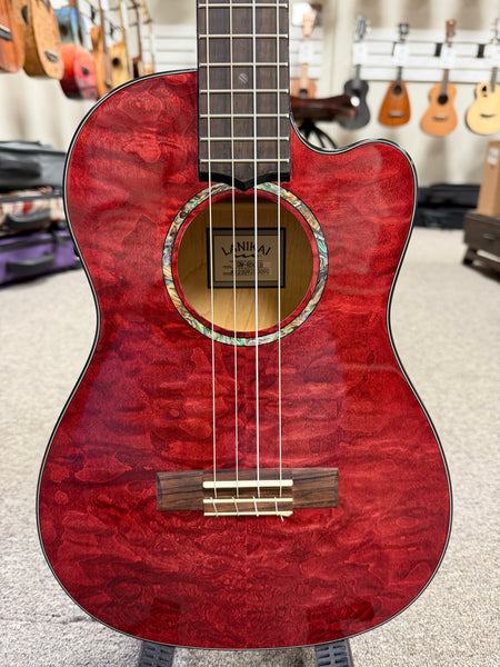 LANIKAI QM-RDCEB Quilted Maple Electric Baritone Ukulele w/Case - Transparent Red