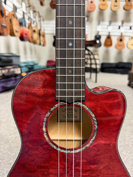 LANIKAI QM-RDCEB Quilted Maple Electric Baritone Ukulele w/Case - Transparent Red