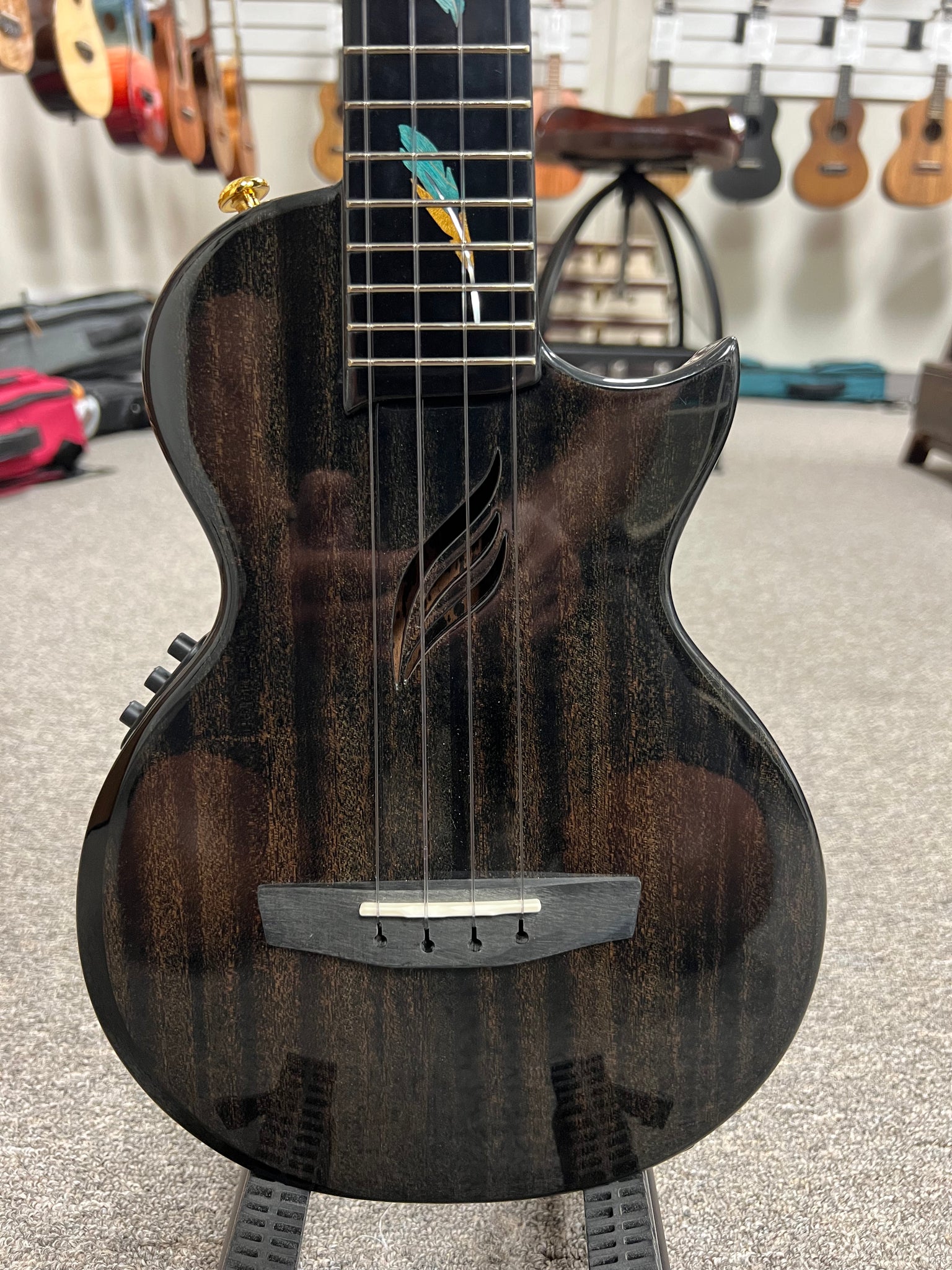 Enya EUT Feather Solid Mahogany Black Electric Tenor Ukulele w/Case- Built in Effects