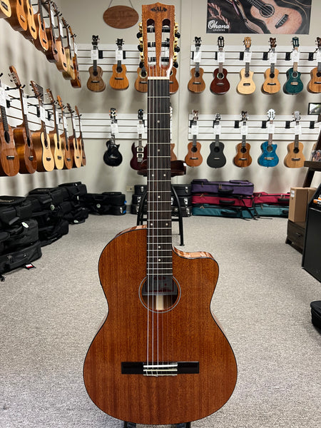 KALA KA-GTR-MTN-E Solid Mahogany Thinline Nylon Guitar w/Case - Aloha City Ukes