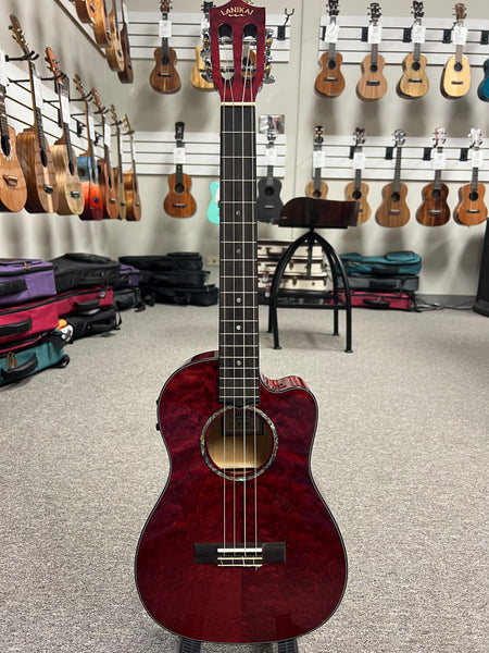 LANIKAI QM-RDCEB Quilted Maple Electric Baritone Ukulele w/Case - Transparent Red