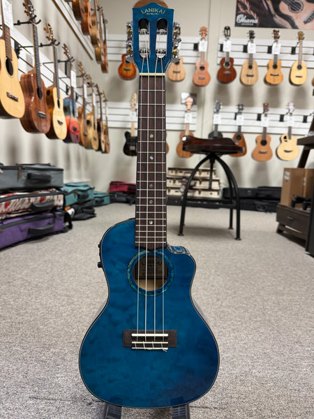 LANIKAI QM-BLCEC Quilted Maple Electric Concert Ukulele w/Case- Transparent Blue