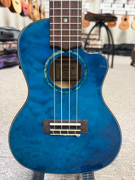 LANIKAI QM-BLCEC Quilted Maple Electric Concert Ukulele w/Case- Transparent Blue