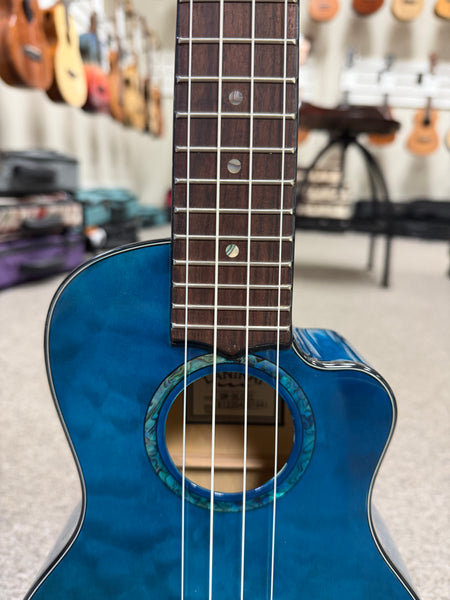 LANIKAI QM-BLCEC Quilted Maple Electric Concert Ukulele w/Case- Transparent Blue
