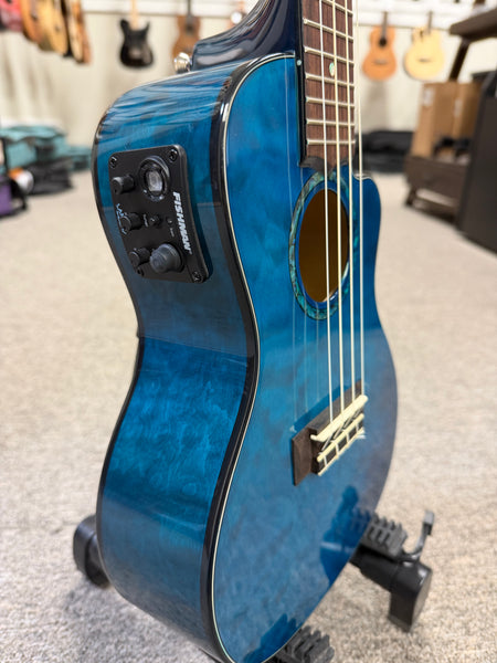 LANIKAI QM-BLCEC Quilted Maple Electric Concert Ukulele w/Case- Transparent Blue